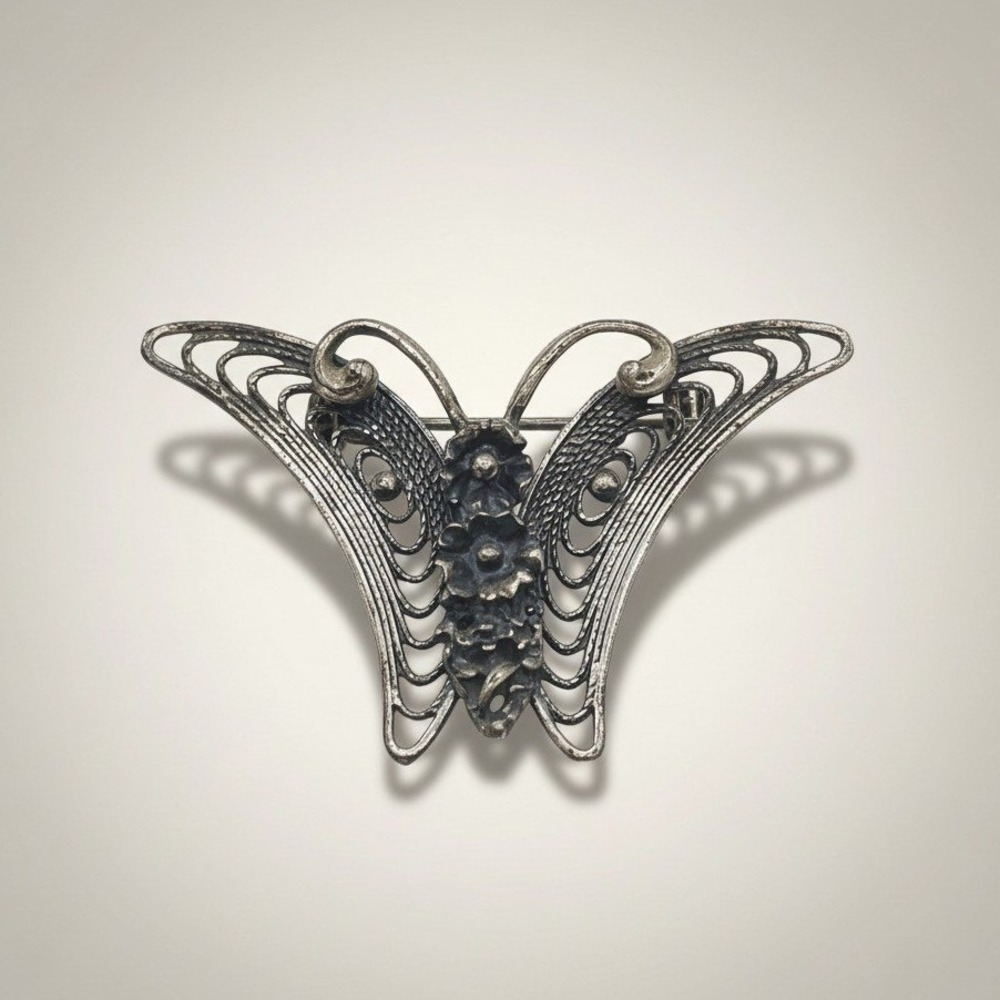 Vtg Beau Sterling Butterfly Brooch Statement Silver Tone Filigree 2" Pin Insect